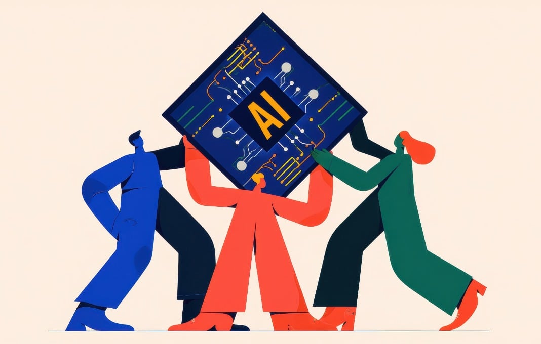 Illustration of three people holding up a computer chip with AI written on it